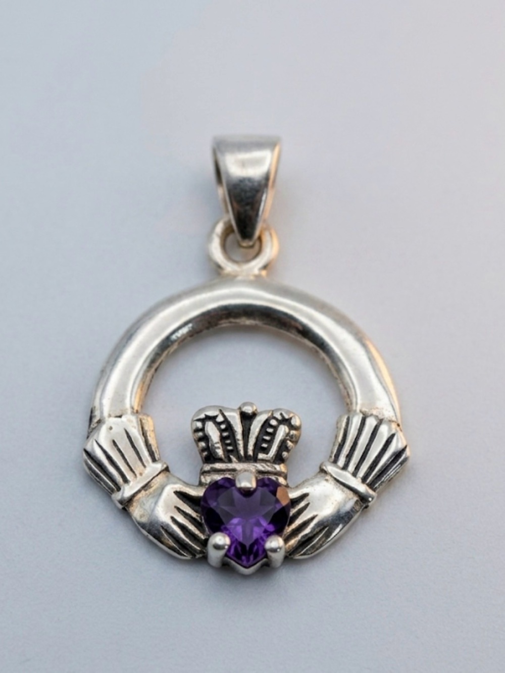 Sterling Silver 925 Amethyst Claddagh Pendant Heart Hands Crown Purple Love Vtg